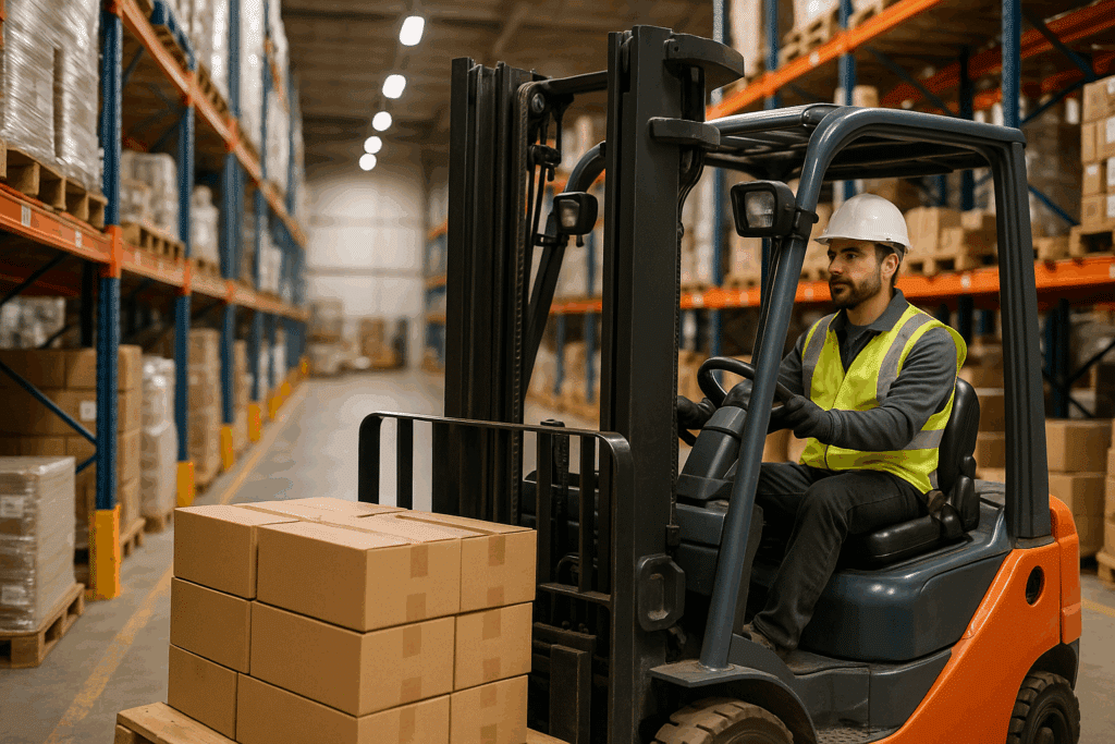 Szakképzett targoncavezető munka közben modern raktárban – targoncás állások.