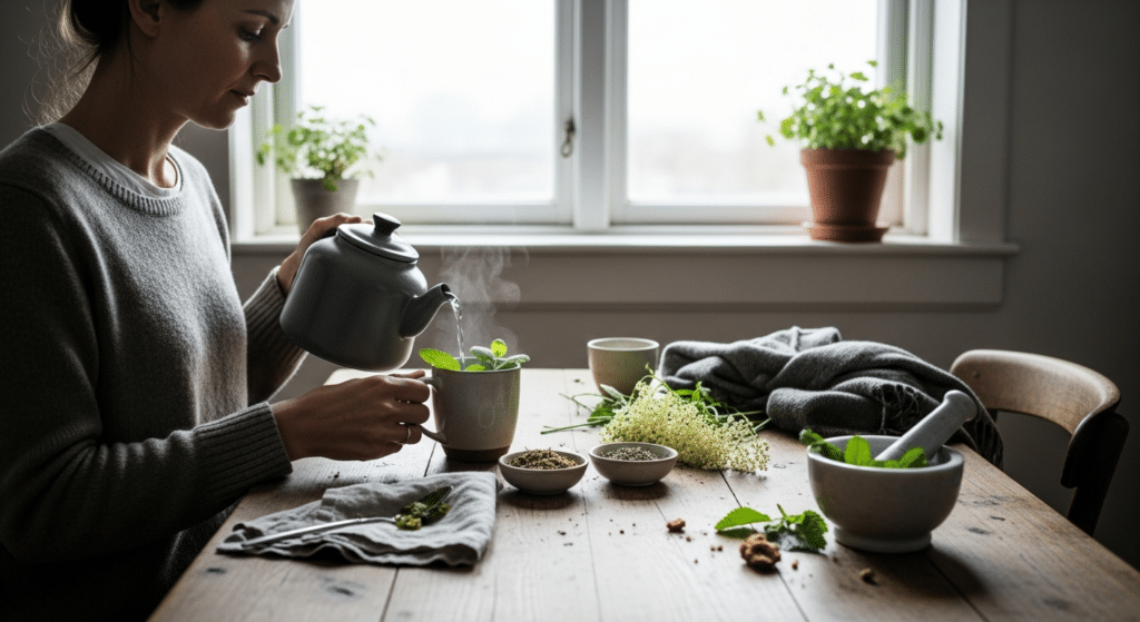 Nő készít gyógynövényes ciklustámogatás teát napsütötte konyhában