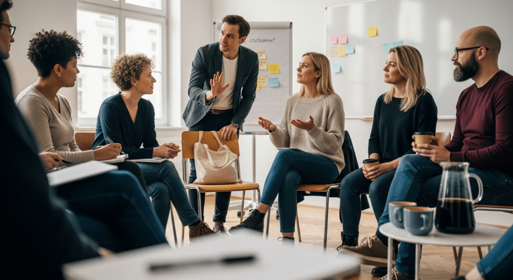 Kommunikációs készségfejlesztés tréning felnőtteknek facilitátorral, résztvevők körben