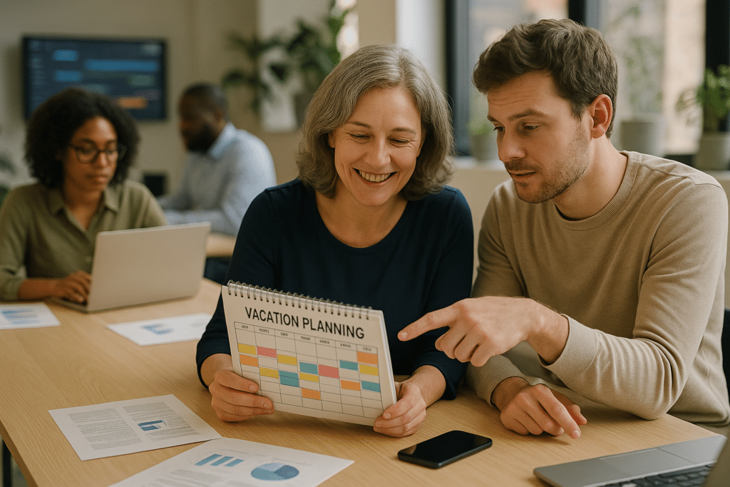 Modern irodai csapat szabadságtervezést egyeztet egy színes naptár fölött.