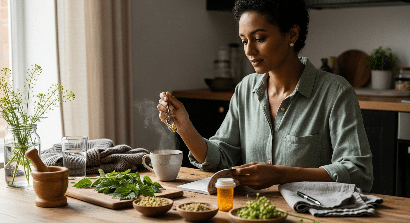 Nő asztalnál gyógynövényekkel, pirulával — ellenjavallatok