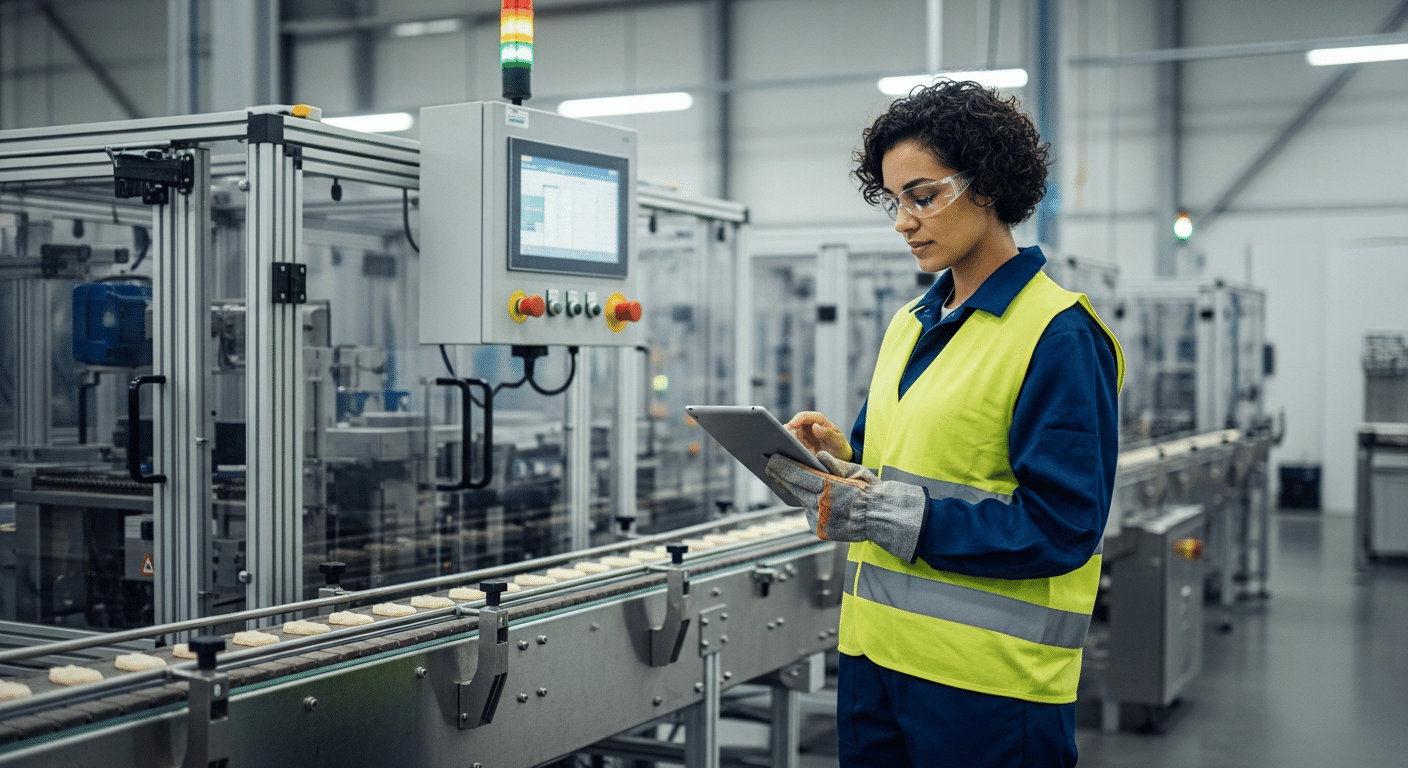 operátor álláslehetőségek: női operátor tabletet használ a gyártósor mellett