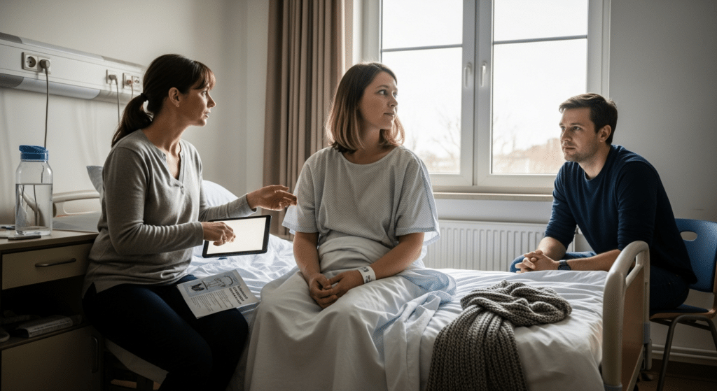 Császármetszés lélektana: elgondolkodó anya kórházi szobában, partner és tanácsadó