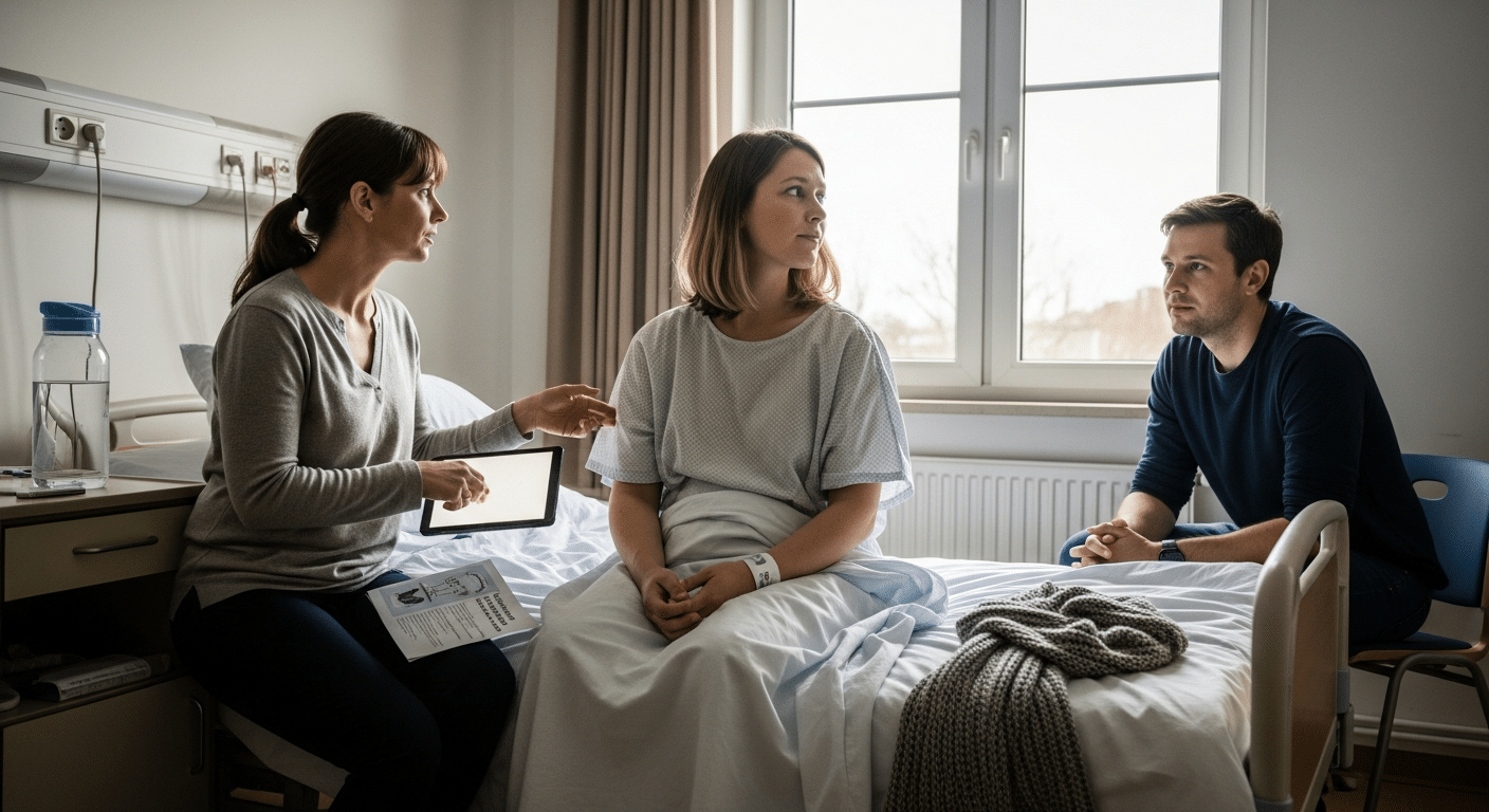 Császármetszés lélektana: elgondolkodó anya kórházi szobában, partner és tanácsadó