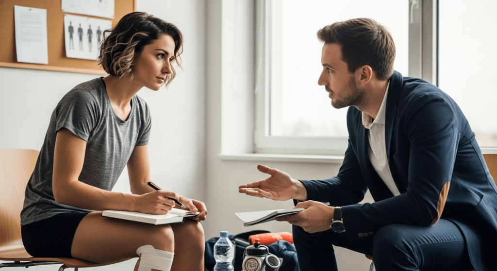 sportpszichológiai tréning: fiatal atléta konzultál edzővel modern tanácsadóban